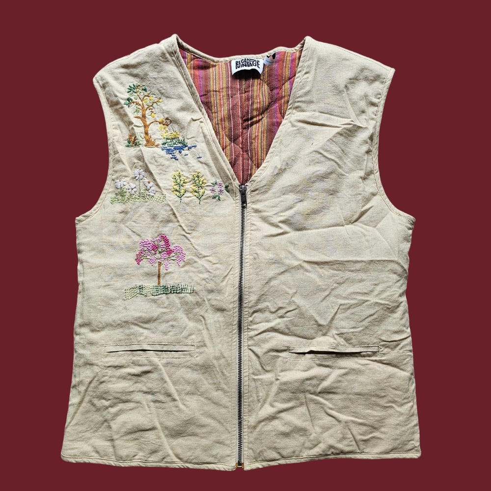Reclaimed Vintage Embroidered Beige Vest Boho Chic Poet CoreFront Pockets Size S